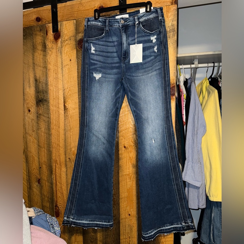 Kancan Dark Blue Flare Jeans With Distressed Detail